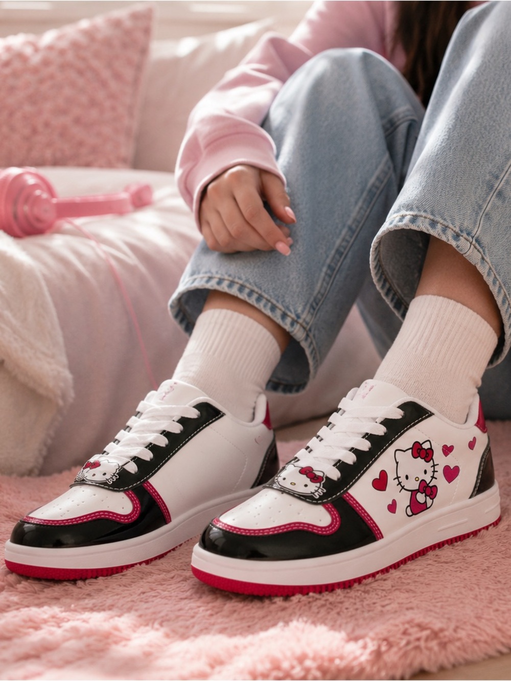Hello Kitty 7M Platform Sneakers Kawaii Y2K Black Pink White Lace Up Shoes